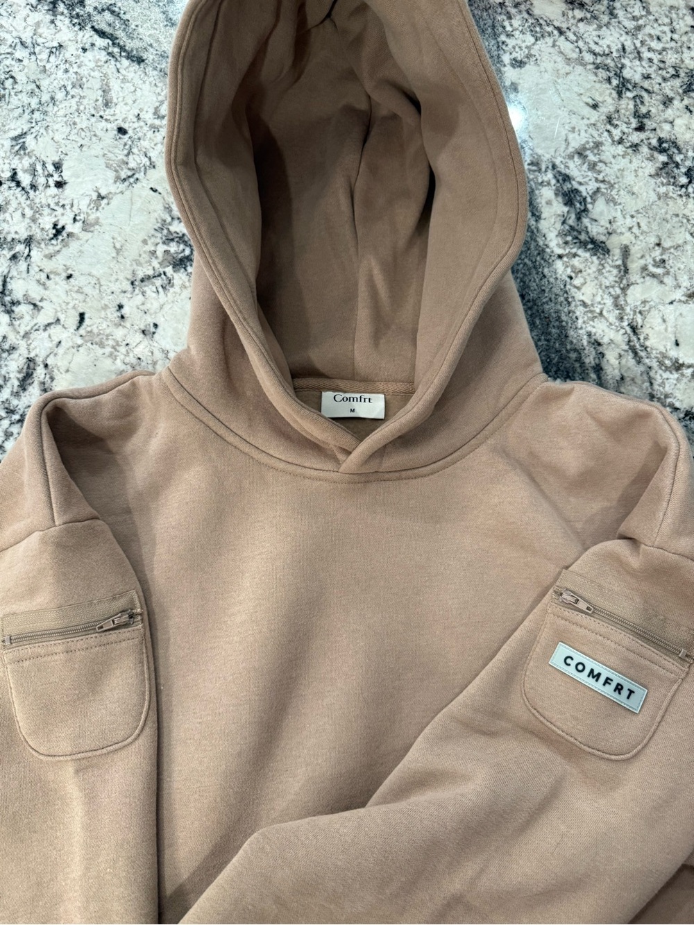 Comfrt Women's Hooded Pullover Sweatshirt in Taupe